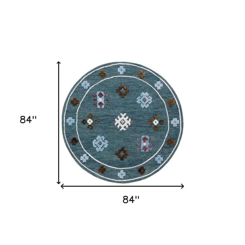 7' Blue Round Wool Hand Hooked Handmade Area Rug - Homeroots - Flyclothing LLC