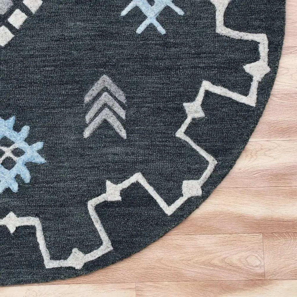 5' Charcoal Round Wool Hand Hooked Handmade Area Rug - Homeroots - Flyclothing LLC