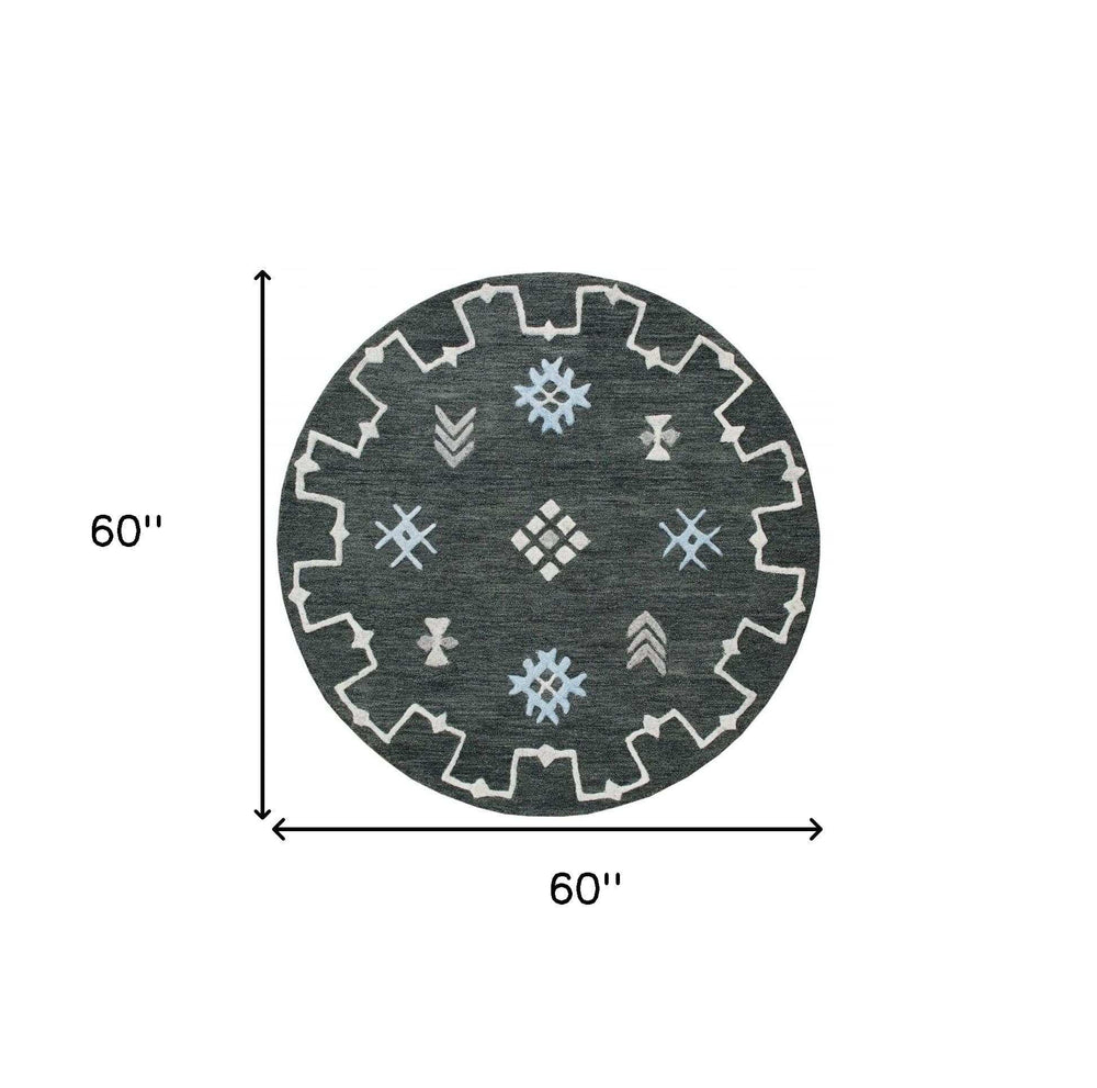 5' Charcoal Round Wool Hand Hooked Handmade Area Rug - Homeroots - Flyclothing LLC