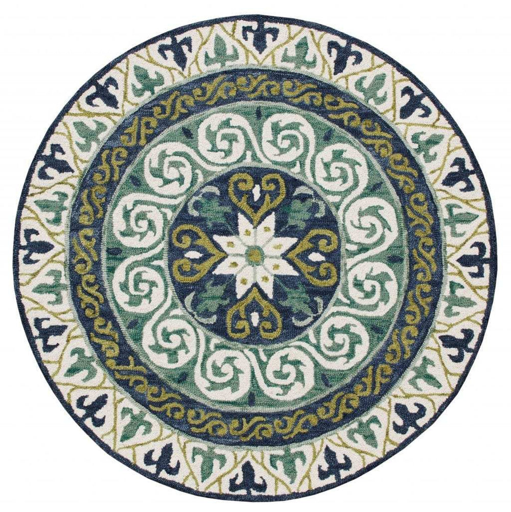 5' Round Blue and Green Ornate Medallion Area Rug - Homeroots - Flyclothing LLC