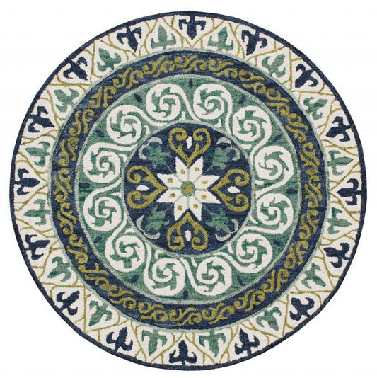 5' Round Blue and Green Ornate Medallion Area Rug - Homeroots - Flyclothing LLC