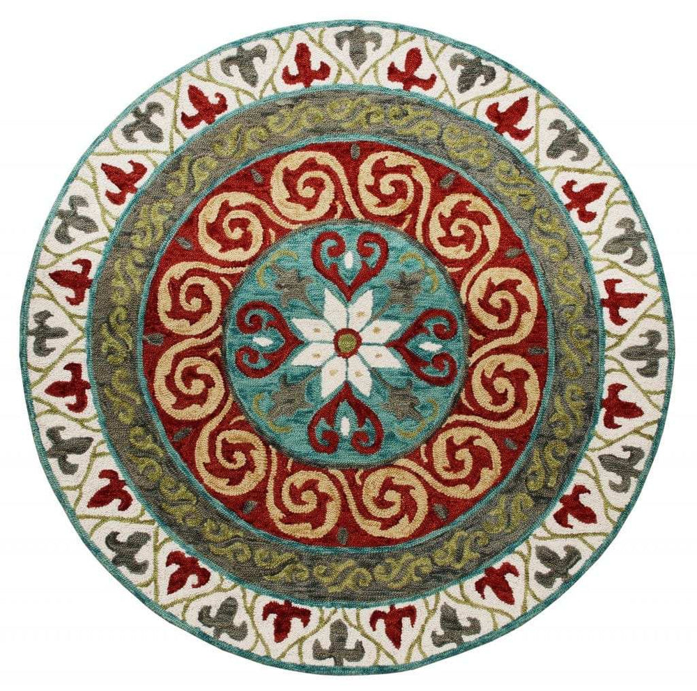5' Round Red and Sage Medallion Area Rug - Homeroots - Flyclothing LLC