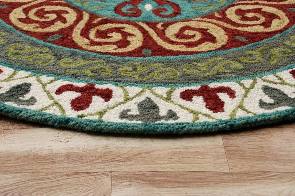5' Round Red and Sage Medallion Area Rug - Homeroots - Flyclothing LLC