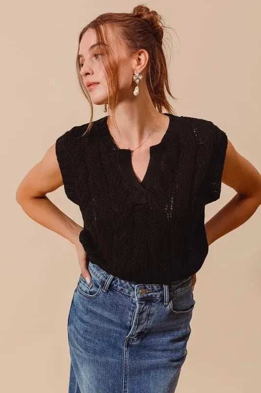 SO ME Notched Neck Cable Knit Sweater Vest - Trendsi - Flyclothing LLC