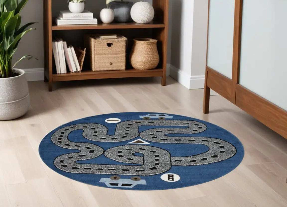 5' Round Navy Imaginative Racetrack Area Rug - Homeroots - Flyclothing LLC