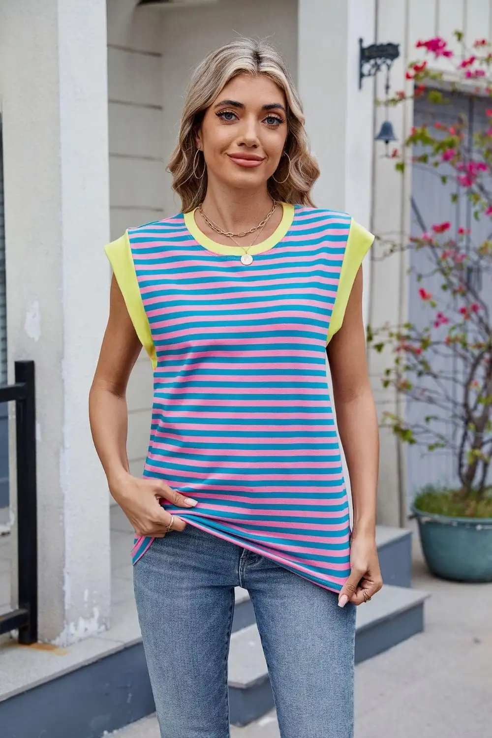 Contrast Striped Round Neck T-Shirt - Trendsi - Flyclothing LLC