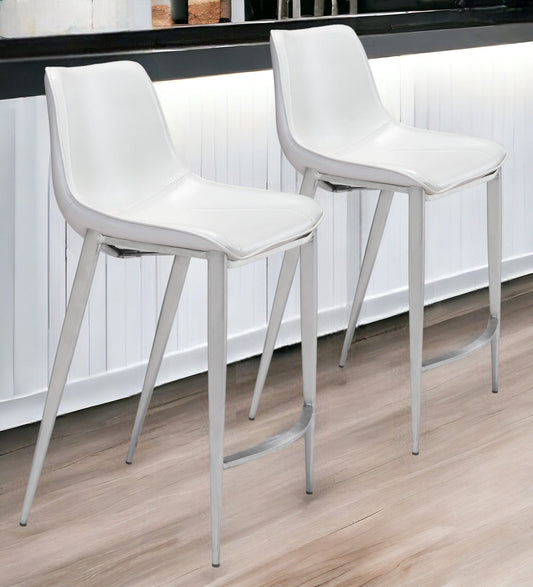 Set of Two 26" White And Silver Steel Low Back Counter Height Bar Chairs - Homeroots