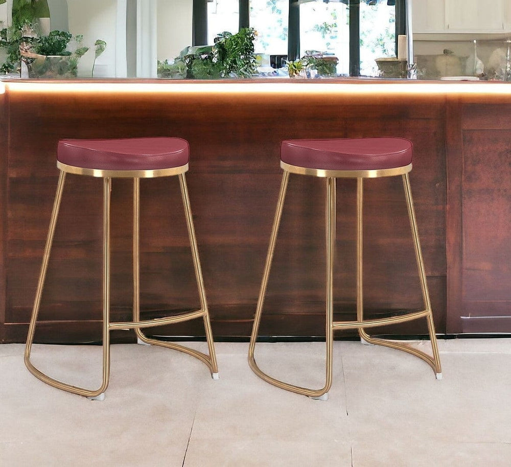 Set of Two 26" Red And Gold Stainless Steel Backless Counter Height Bar Chairs - Homeroots
