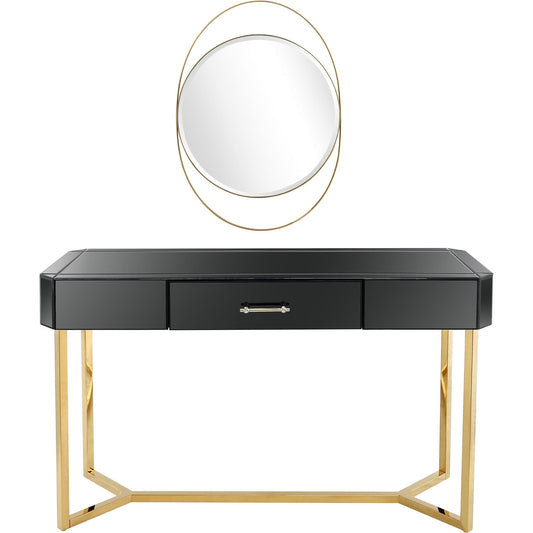 47" Black and Gold Mirrored Glass Frame Console Table And Drawers - Homeroots