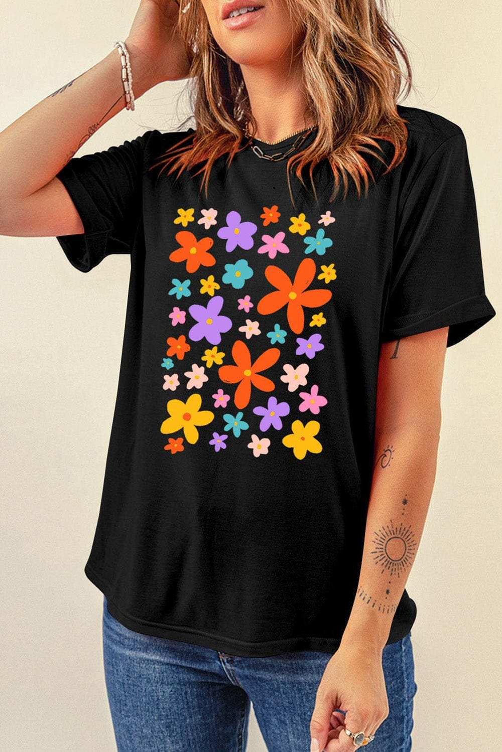 Flower Graphic Round Neck Short Sleeve T-Shirt - Trendsi - Flyclothing LLC