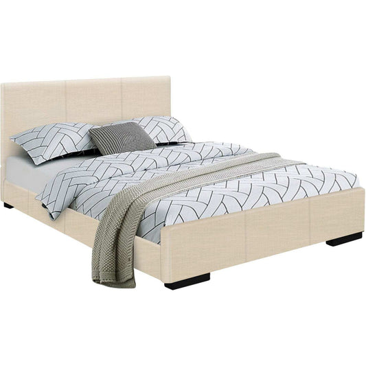Beige Solid and Manufactured Wood King Upholstered Faux Leather Bed Frame - Homeroots - Flyclothing LLC