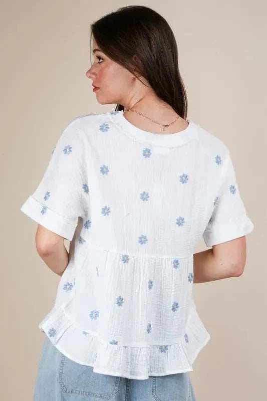 VERY J Flower Embroidered Woven Blouse - Trendsi - Flyclothing LLC
