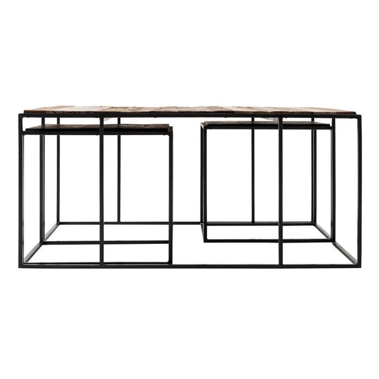Set of Three 39" Brown And Black Solid Wood And Iron Square Nested Coffee Tables - Homeroots