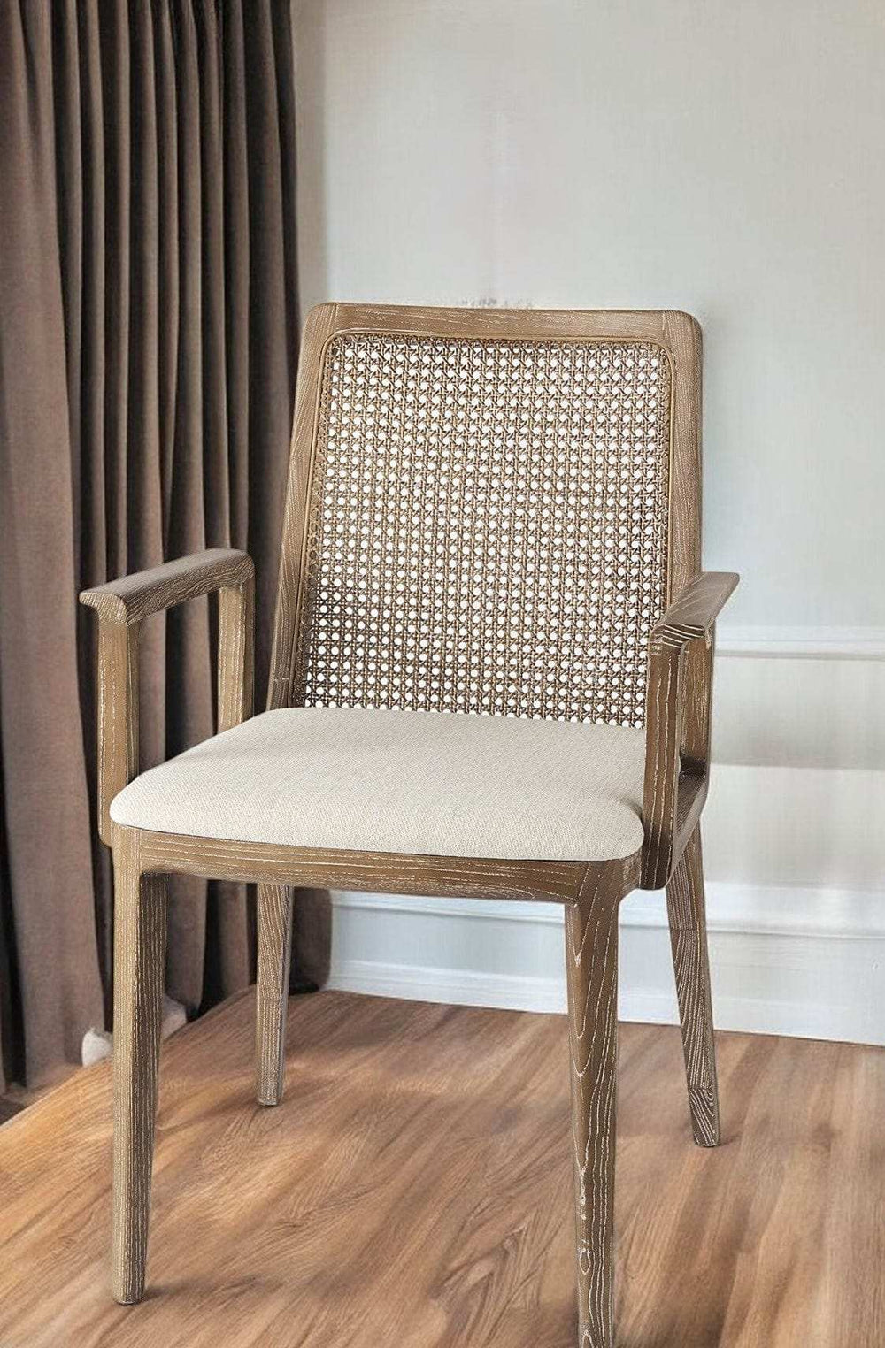 Light Natural and Cream Uholstery and Cane Dining Armchair - Homeroots - Flyclothing LLC