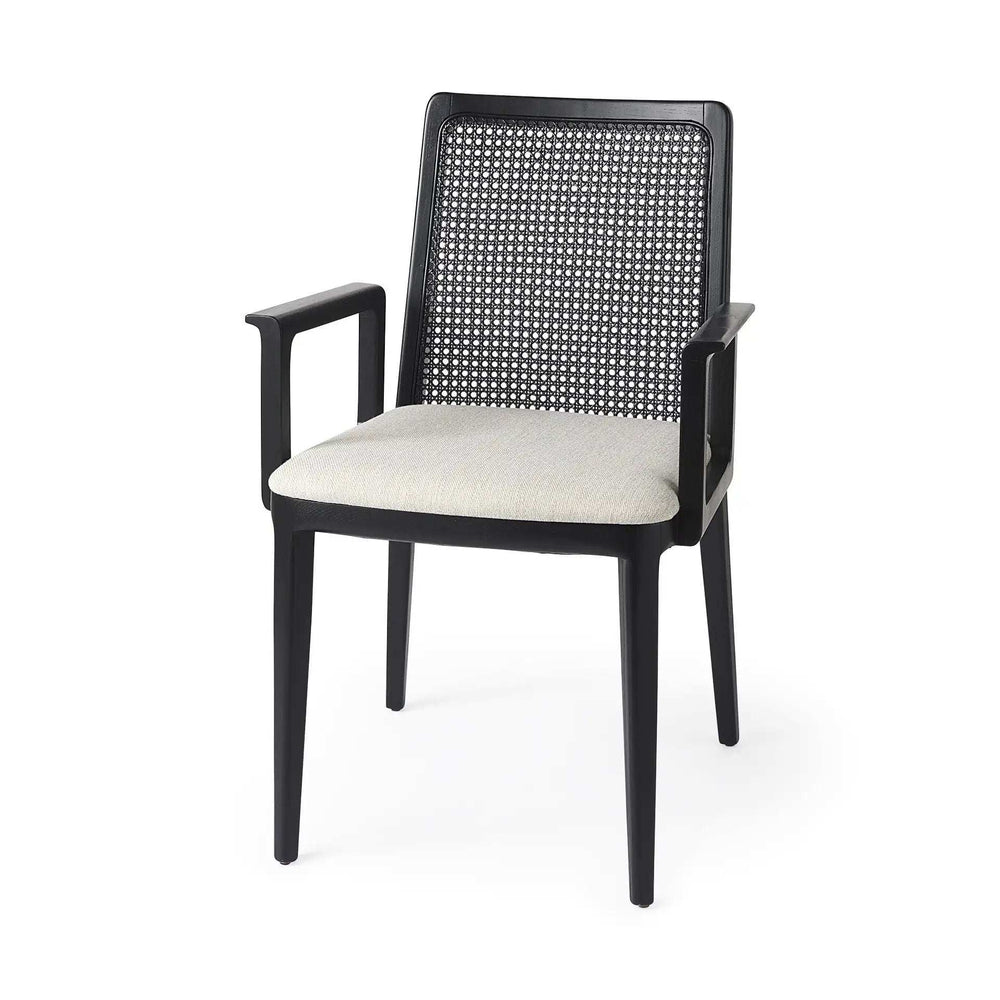Black and Cream Uholstery and Cane Dining Armchair - Homeroots - Flyclothing LLC