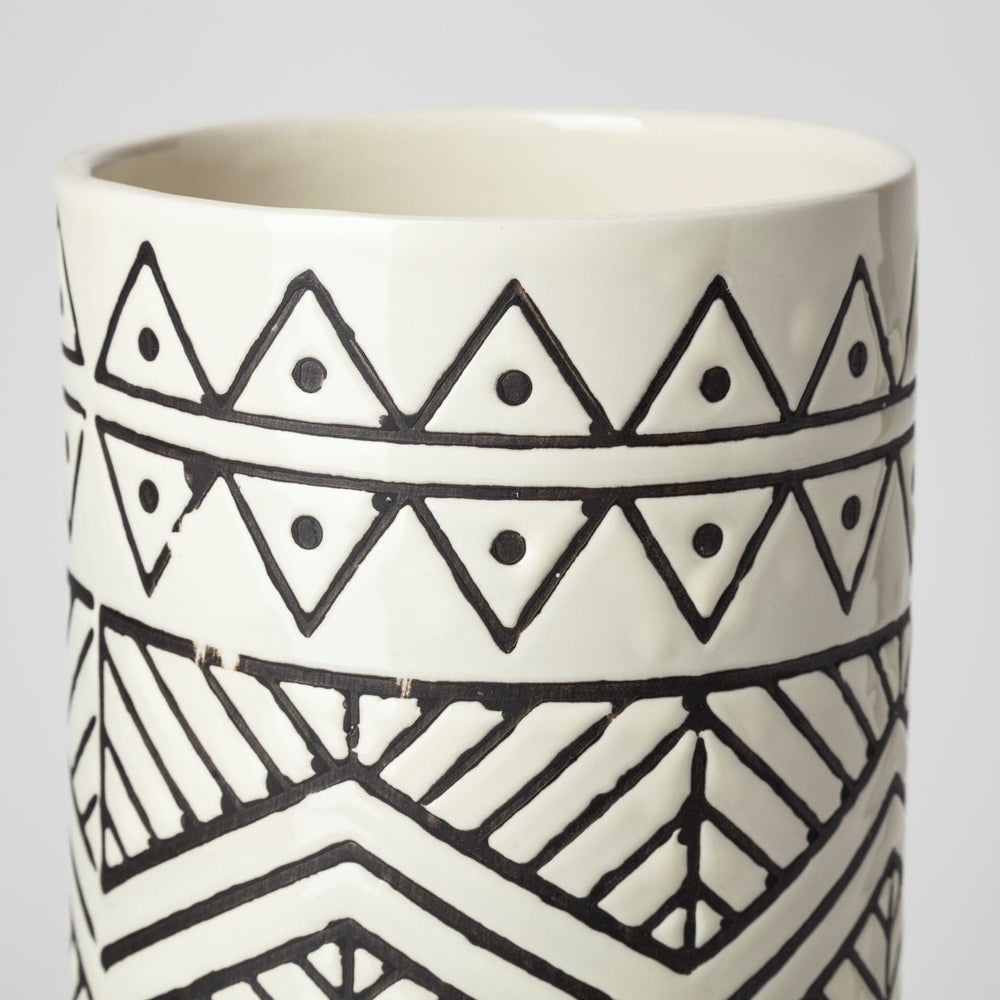 14" Ceramic Cream Geometric Cylinder Table Vase - Homeroots - Flyclothing LLC