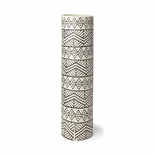 17" Cream and Charcoal Geometric Cylinder Ceramic Vase - Homeroots