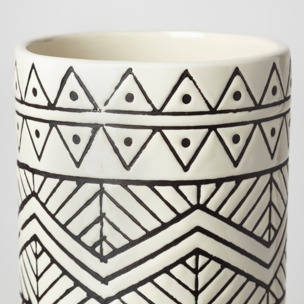 17" Cream and Charcoal Geometric Cylinder Ceramic Vase - Homeroots - Flyclothing LLC