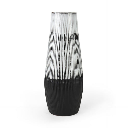 19" Black White and Gray Patterned Lines Ceramic Vase - Homeroots