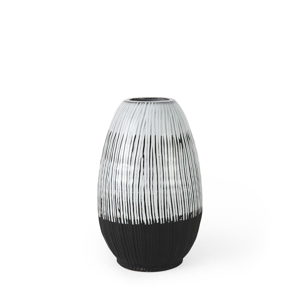 13" Black White and Gray Patterned Lines Ceramic Vase - Homeroots - Flyclothing LLC