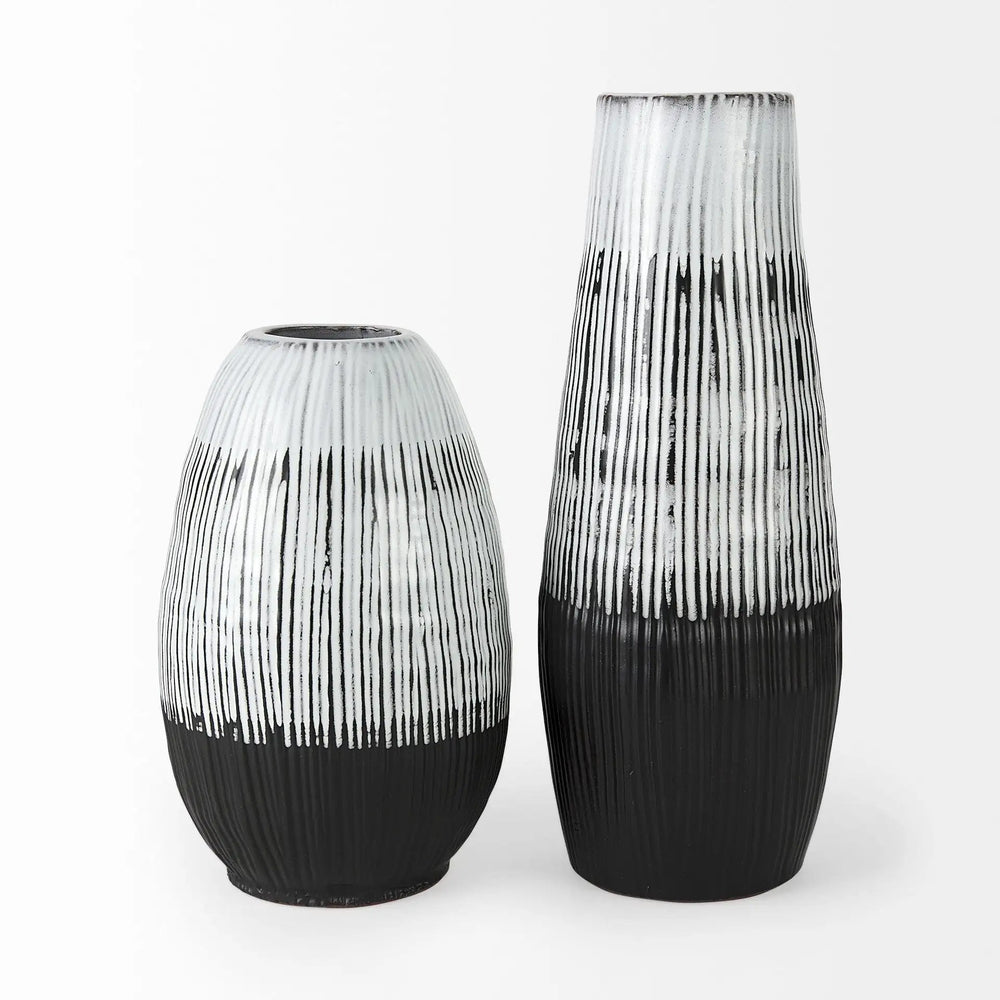 13" Black White and Gray Patterned Lines Ceramic Vase - Homeroots - Flyclothing LLC