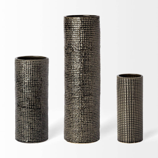 10" Black and Gold Check Tall Ceramic Vase - Homeroots