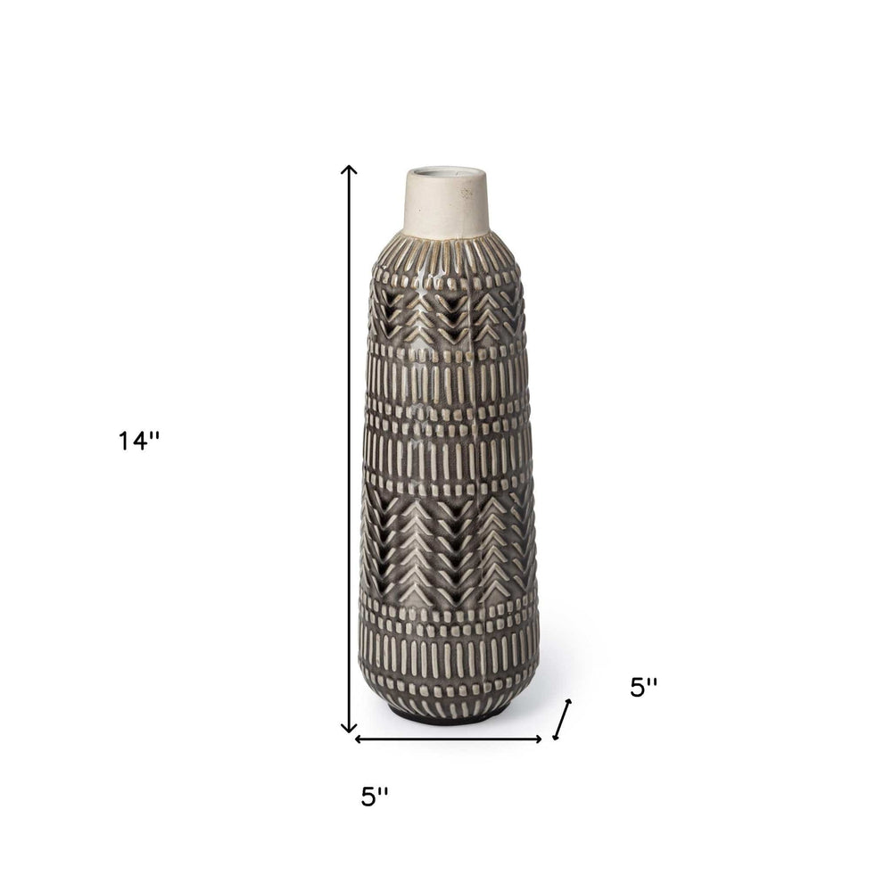 14" Black and Cream Organic Glaze Chevron Embossed Ceramic Vase - Homeroots - Flyclothing LLC