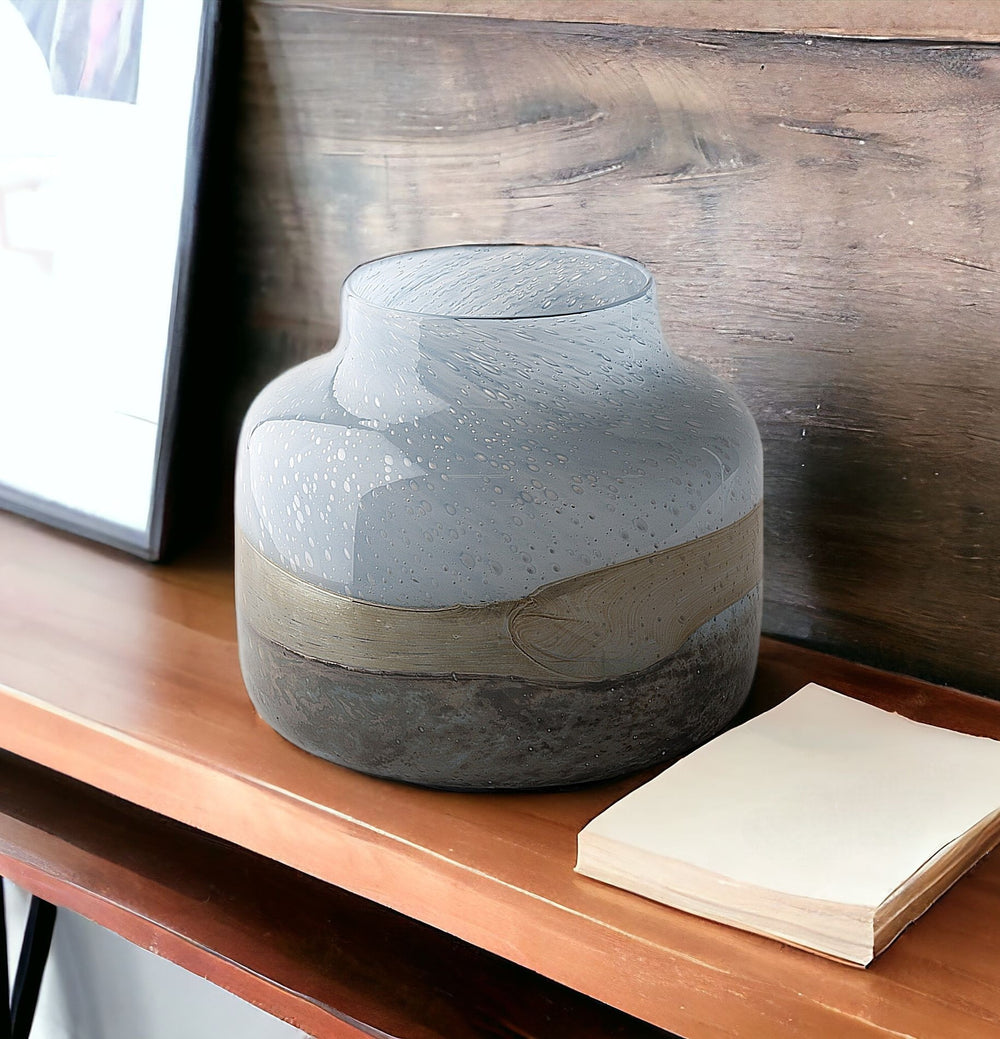 9" Blue and Brown Ocean Colored Bubble Glass Rounded Square Glass Vase - Homeroots - Flyclothing LLC