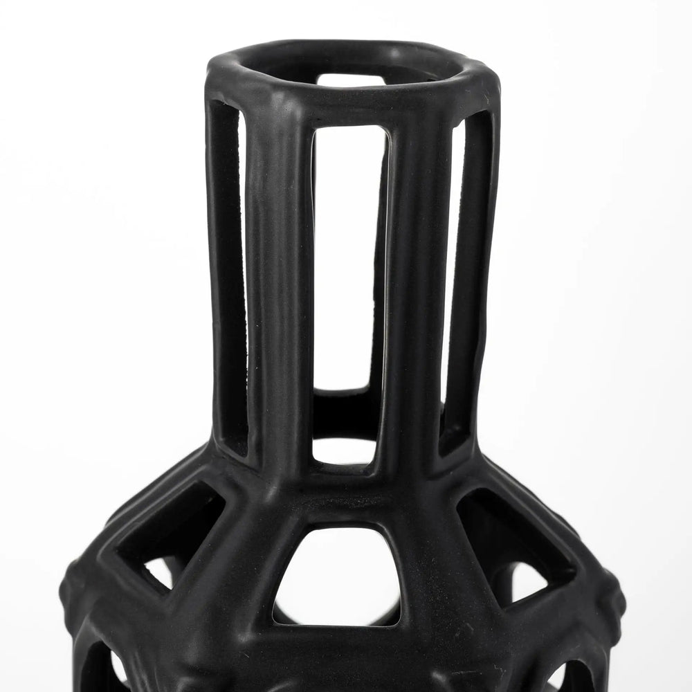12" Black Ceramic Pierced Geometric Cylinder Table Vase - Homeroots