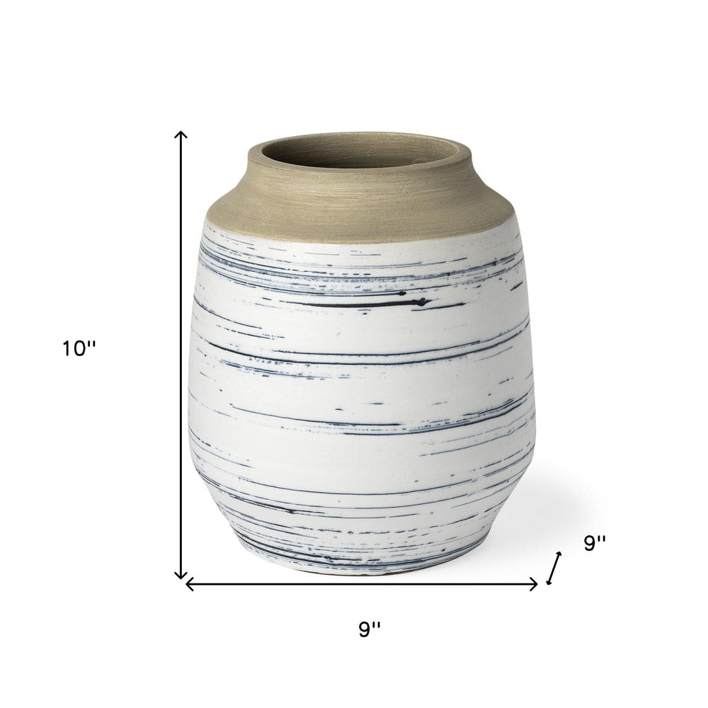10" Blue White and Sand Coastal Ceramic Vase - Homeroots - Flyclothing LLC