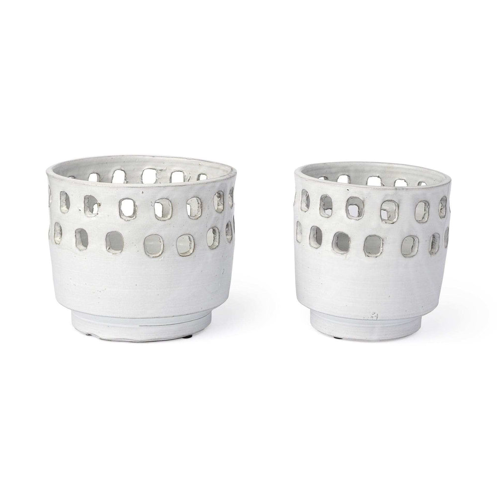 Set of Two White Ceramic Vases with Hollow Details - Homeroots - Flyclothing LLC