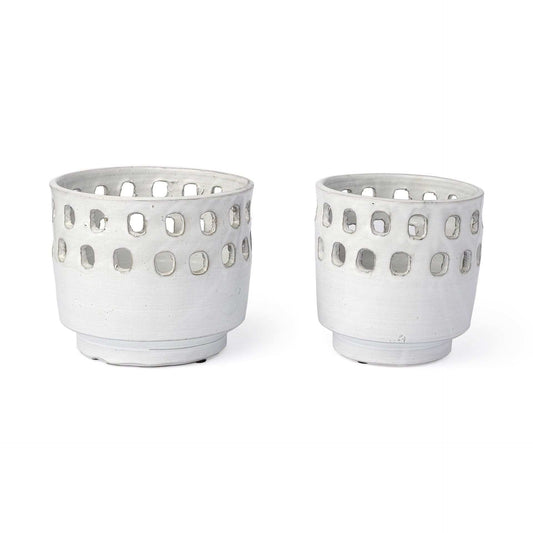 Set of Two White Ceramic Vases with Hollow Details - Homeroots - Flyclothing LLC