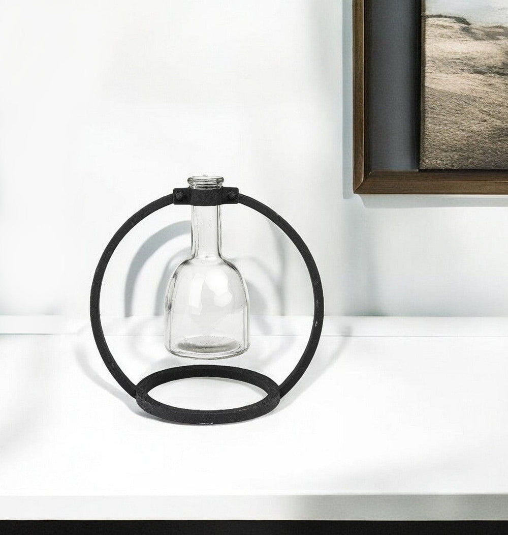 8" Clear and Black Glass and Metal Abstract Cylinder Table Vase - Homeroots - Flyclothing LLC