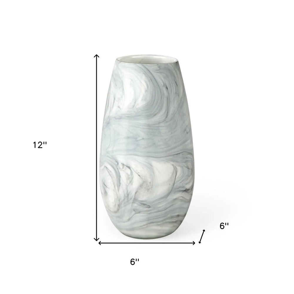 12" Gray and White Marble Design Glass Vase - Homeroots - Flyclothing LLC