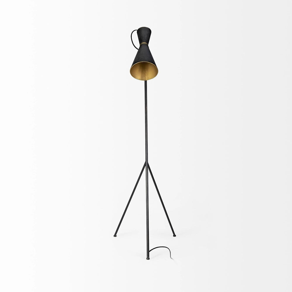 58" Black Metal Tripod Floor Lamp With Black And Gold Metal Cone Shade - Homeroots - Flyclothing LLC
