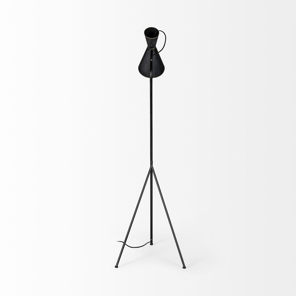 58" Black Metal Tripod Floor Lamp With Black And Gold Metal Cone Shade - Homeroots - Flyclothing LLC