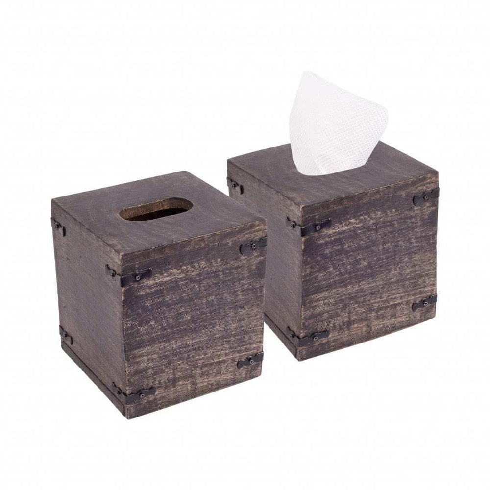 Set of 2 Rustic Dark Burnt Mango Wood Square Tissue Holders - Homeroots - Flyclothing LLC