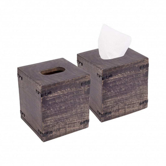 Set of 2 Rustic Dark Burnt Mango Wood Square Tissue Holders - Homeroots - Flyclothing LLC
