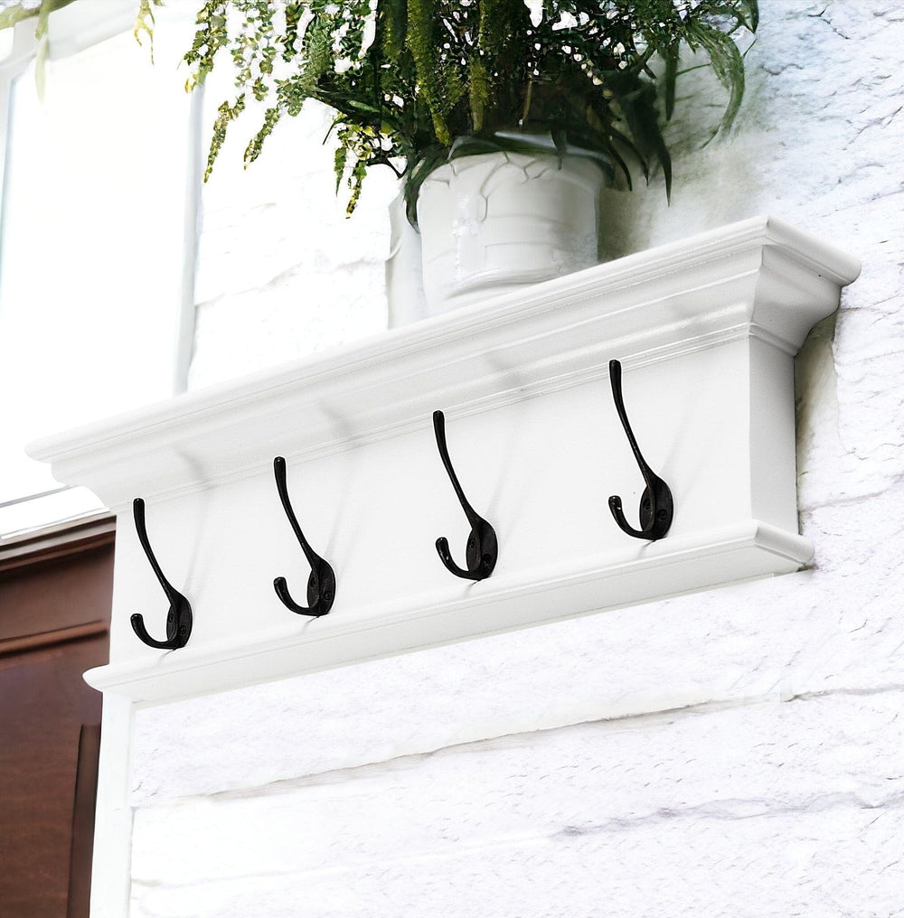 28" Classic White Wood Four Hook Hanging Coat Rack - Homeroots - Flyclothing LLC