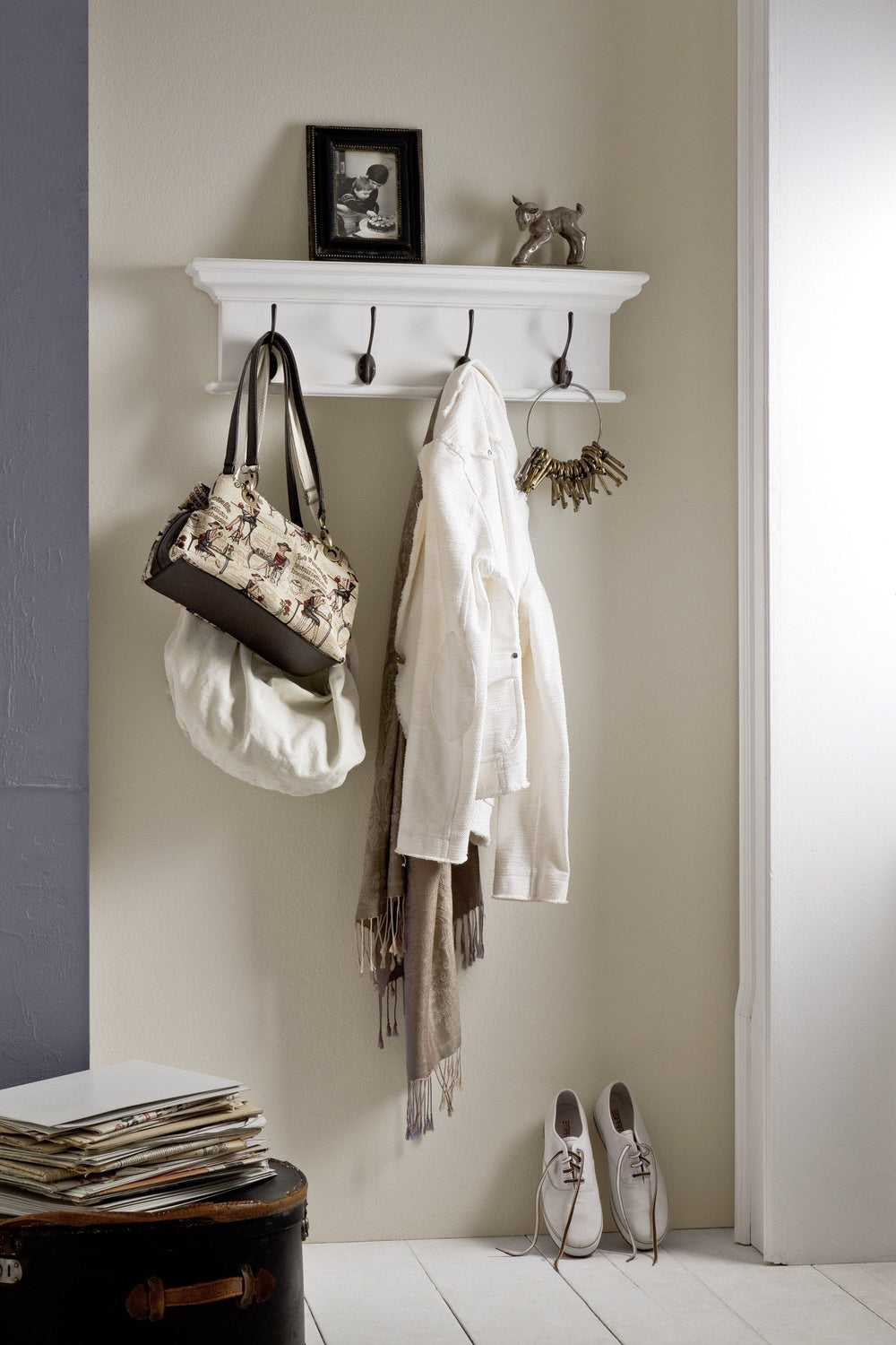 28" Classic White Wood Four Hook Hanging Coat Rack - Homeroots - Flyclothing LLC