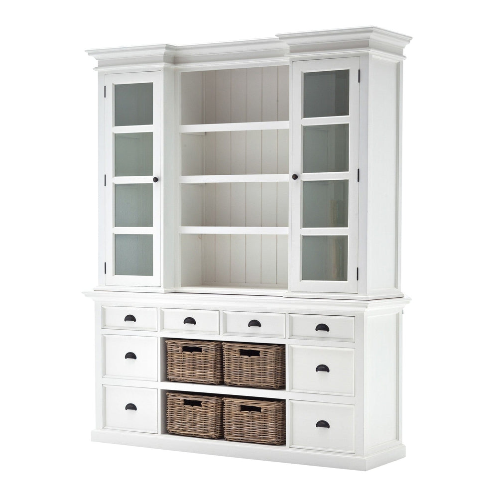 87" White Wood Bookcase with Glass Doors Drawers and Baskets - Homeroots - Flyclothing LLC