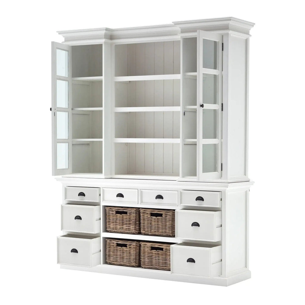 87" White Wood Bookcase with Glass Doors Drawers and Baskets - Homeroots - Flyclothing LLC
