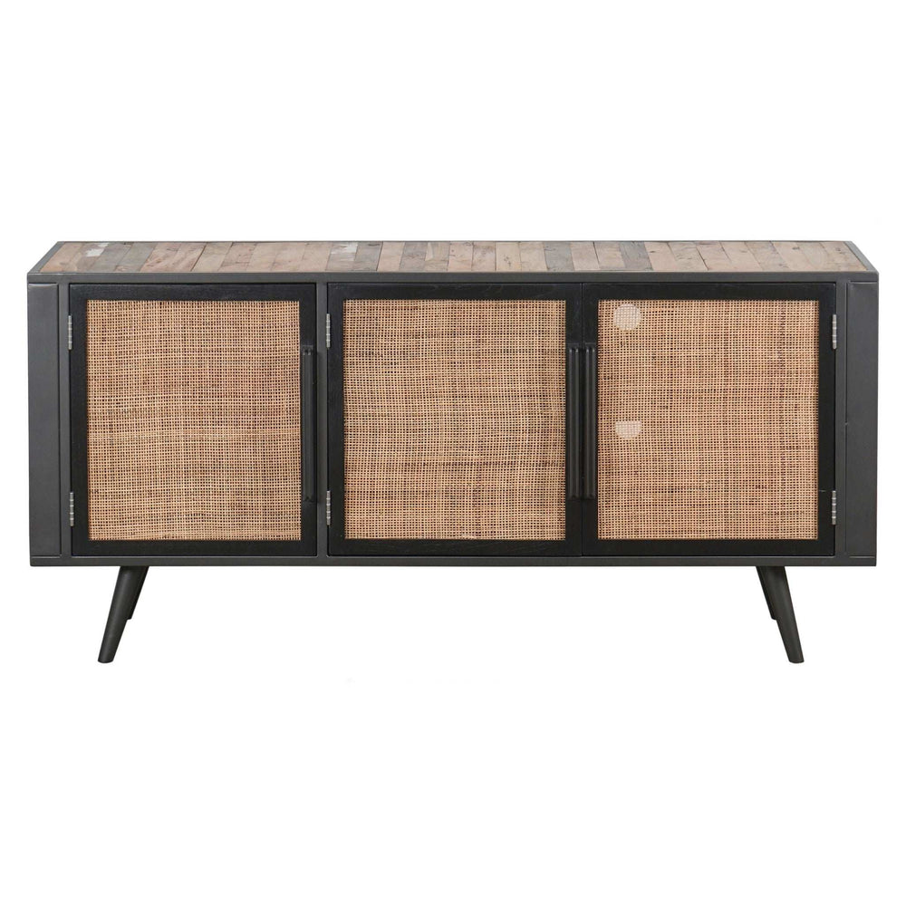 Rustic Black Natural and Rattan Media Cabinet with Three Doors - Homeroots - Flyclothing LLC