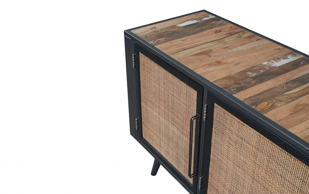 Rustic Black Natural and Rattan Media Cabinet with Three Doors - Homeroots - Flyclothing LLC