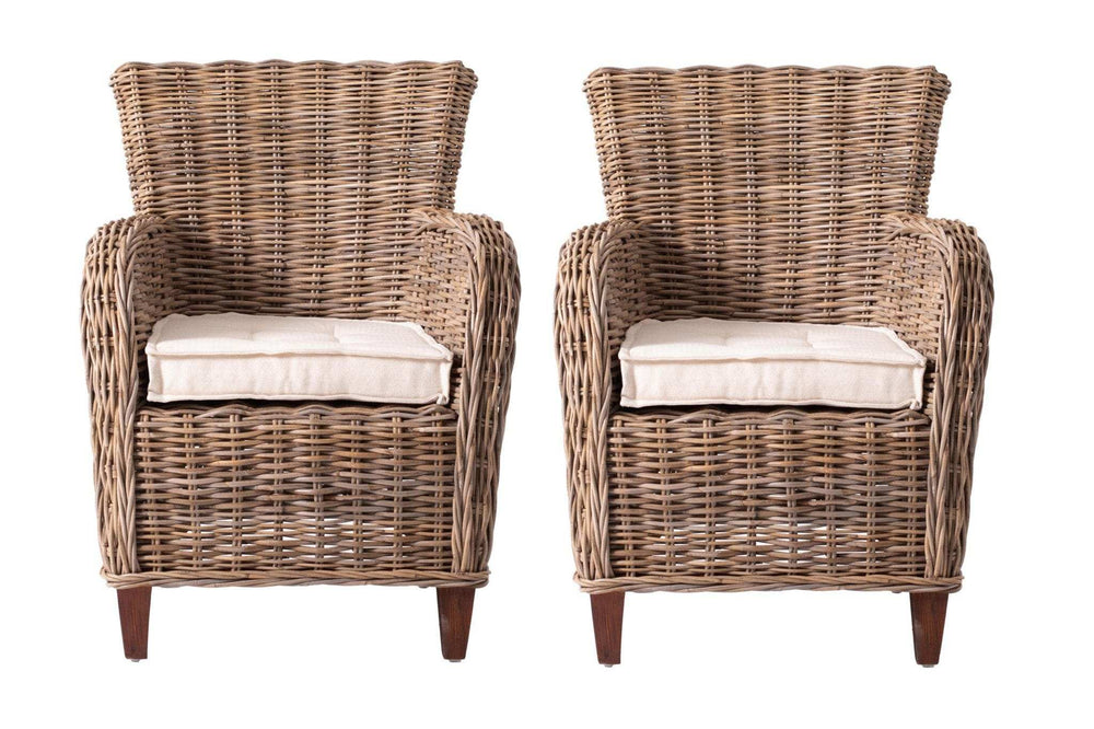 Set Of Two Natural Brown Rattan Wingback Wicker Chairs with Seat Cushions - Homeroots - Flyclothing LLC