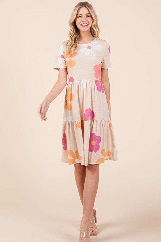 BOMBOM Floral Round Neck Short Sleeve Tiered Dress - Trendsi - Flyclothing LLC