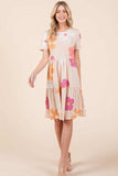 BOMBOM Floral Round Neck Short Sleeve Tiered Dress - Trendsi - Flyclothing LLC