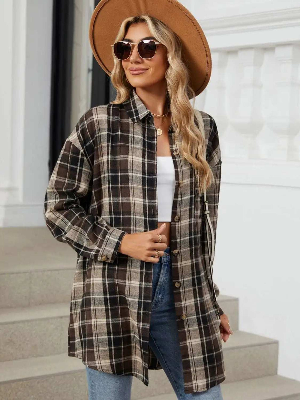 Plaid Collared Neck Long Sleeve Shirt - Trendsi - Flyclothing LLC