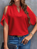 Notched Cold Shoulder Half Sleeve Blouse - Trendsi - Flyclothing LLC