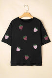 Sequin Strawberry High Low Half Sleeve Relaxed Fit T-Shirt - Trendsi - Flyclothing LLC